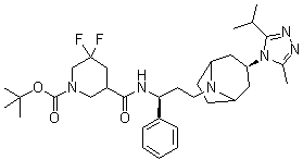 CAS # 1673575-89-7, 3,3-Difluoro-5-[[[(1S)-3-[(3-exo)-3-[3-methyl-5-(1-methylethyl)-4H-1,2,4-triazol-4-yl]-8-azabicyclo[3.2.1]oct-8-yl]-1-phenylpropyl]amino]carbonyl]-1-piperidinecarboxylic acid 1,1-dimethylethyl ester