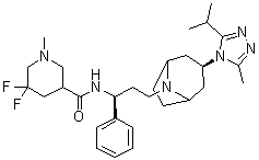 CAS 登录号：1673575-97-7, 5,5-二氟-1-甲基-N-[(1S)-3-[(3-外型)-3-[3-甲基-5-(1-甲基乙基)-4H-1,2,4-三唑-4-基]-8-氮杂双环[3.2.1]辛烷-8-基]-1-苯基丙基]-3-哌啶甲酰胺