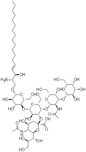 structure of CAS# 171483-40-2, (2S,3R,4E)-2-Amino-3-hydroxy-4-octadecenyl O-(N-acetyl-alpha-neuraminosyl)-(2→3)-O-[O-beta-D-galactopyranosyl-(1→3)-2-(acetylamino)-2-deoxy-beta-D-galactopyranosyl-(1→4)]-O-beta-D-galactopyranosyl-(1→4)-beta-D-glucopyranoside monopotassium salt