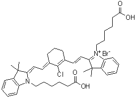 CAS # 172971-76-5, 1-(5-Carboxypentyl)-2-[2-[3-[[1-(5-carboxypentyl)-1,3-dihydro-3,3-dimethyl-2H-indol-2-ylidene]ethylidene]-2-chloro-1-cyclohexen-1-yl]ethenyl]-3,3-dimethyl-3H-indolium bromide, IR 808, MHI 148