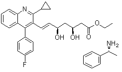 (R)-alpha-甲基苯甲胺与[R-[R*,S*-(E)]]-7-[2-环丙基-4-(4-氟苯基)-3-喹啉基]-3,5-二羟基-6-庚烯酸乙酯的化合物分子结构 (CAS 176593-07-0)