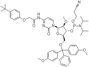 structure of CAS# 179486-26-1, 5'-O-(4,4-Dimethoxytrityl)-N-[[4-(tert-butyl)phenoxy]acetyl]-2'-O-methylcytidine-3'-(2-cyanoethyl-N,N-diisopropyl)phosphoramidite