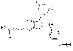 CAS # 1803274-65-8, 2-[[4-(Trifluoromethoxy)phenyl]amino]-1-[(1R,5R)-3,3,5-trimethylcyclohexyl]-1H-benzimidazole-5-propanoic acid
