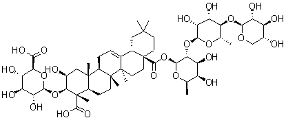 CAS # 1807732-38-2, Celosin I (Bai-Ping Ma), (2beta,3beta,4alpha)-3-(beta-D-Glucopyranuronosyloxy)-2-hydroxy-olean-12-ene-23,28-dioic acid 28-(O-beta-D-xylopyranosyl-(1→4)-O-6-deoxy-alpha-L-mannopyranosyl-(1→2)-6-deoxy-beta-D-galactopyranosyl) ester