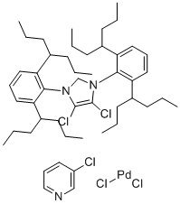 structure of CAS# 1814936-54-3, (SP-4-1)-[1,3-Bis[2,6-bis(1-propylbutyl)phenyl]-4,5-dichloro-1,3-dihydro-2H-imidazol-2-ylidene]dichloro(3-chloropyridine-κN)-Palladium