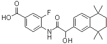 structure of CAS# 185629-22-5, 3-Fluoro-4-[[2-hydroxy-2-(5,6,7,8-tetrahydro-5,5,8,8-tetramethyl-2-naphthalenyl)acetyl]amino]benzoic acid