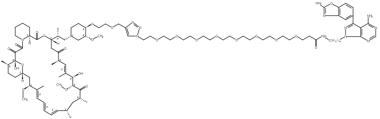 CAS 登录号：1887095-82-0, 42-O-[2-[[1-[32-[4-氨基-3-(2-氨基-5-苯并恶唑基)-1H-吡唑并[3,4-d]嘧啶-1-基]-27-氧代-3,6,9,12,15,18,21,24-八氧杂-28-氮杂三十二烷-1-基]-1H-1,2,3-三唑-4-基]甲氧基]乙基]雷帕霉素