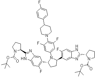 CAS # 1890114-11-0, (2S,2'S)-2,2'-[[(2R,5R)-1-[3,5-Difluoro-4-[4-(4-fluorophenyl)-1-piperidinyl]phenyl]-2,5-pyrrolidinediyl]bis(6-fluoro-1H-benzimidazole-5,2-diyl)]bis-1-pyrrolidinecarboxylic acid 1,1'-bis(1,1-dimethylethyl) ester