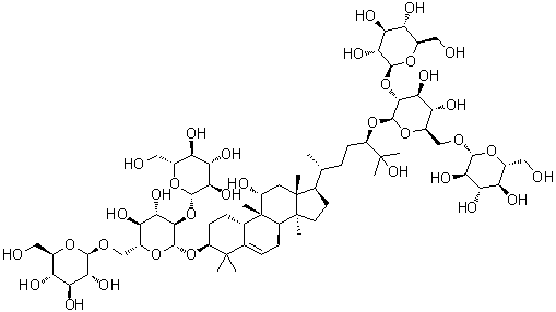 CAS # 189307-15-1, Mogroside VI, (3beta,9beta,10alpha,11alpha,24R)-11,25-Dihydroxy-9-methyl-19-norlanost-5-ene-3,24-diyl bis[O-beta-D-glucopyranosyl-(1→2)-O-[beta-D-glucopyranosyl-(1→6)]-beta-D-glucopyranoside