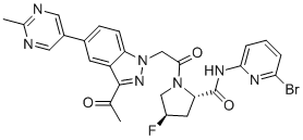 structure of CAS# 1903768-17-1, (2S,4R)-1-[2-[3-Acetyl-5-(2-methyl-5-pyrimidinyl)-1H-indazol-1-yl]acetyl]-N-(6-bromo-2-pyridinyl)-4-fluoro-2-Pyrrolidinecarboxamide