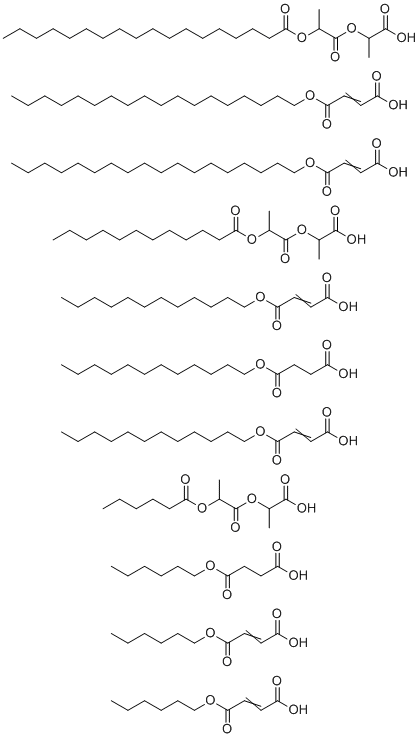 CAS # 1927969-11-6, 2-(2-Dodecanoyloxypropanoyloxy)propanoic acid;4-dodecoxy-4-oxobutanoic acid;4-dodecoxy-4-oxobut-2-enoic acid;2-(2-hexanoyloxypropanoyloxy)propanoic acid;4-hexoxy-4-oxobutanoic acid;4-hexoxy-4-oxobut-2-enoic acid;2-(2-octadecanoyloxypropanoyloxy)propanoic acid;4-octadecoxy-4-oxobut-2-enoic acid