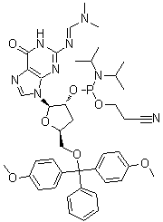 CAS 登录号：196391-62-5, 5'-O-[二(4-甲氧基苯基)苯基甲基]-3'-脱氧-N-[(二甲基氨基)亚甲基]鸟苷 2'-[2-氰基乙基 N,N-二异丙基氨基亚磷酸酯]