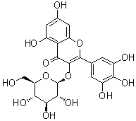 CAS # 19833-12-6, 3,3',4',5,5',7-Hexahydroxyflavone 3-beta-D-glucopyranoside, Myricetin 3-O-glucopyranoside, Myricetin 3-O-glucoside, Myricetin 3-O-beta-D-glucopyranoside, Myricetin 3-O-beta-D-glucoside, Myricetin 3-beta-D-glucopyranoside, Myricetin 3-beta-glucoside