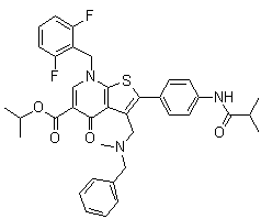 CAS 登录号：199119-18-1, 7-[(2,6-二氟苯基)甲基]-4,7-二氢-2-[4-[(2-甲基-1-氧代丙基)氨基]苯基]-3-[[甲基(苯基甲基)氨基]甲基]-4-氧代-噻吩并[2,3-b]吡啶-5-羧酸异丙酯