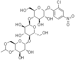 2-Chloro-4-nitrophenyl O-4,6-O-ethylidene-alpha-D-glucopyranosyl-(1→4)-O-alpha-D-glucopyranosyl-(1→4)-alpha-D-glucopyranoside molecular structure (CAS 199603-68-4)