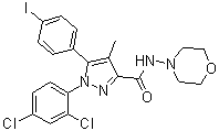 structure of CAS# 202463-68-1, 1-(2,4-Dichlorophenyl)-5-(4-iodophenyl)-4-methyl-N-4-morpholinyl-1H-pyrazole-3-carboxamide