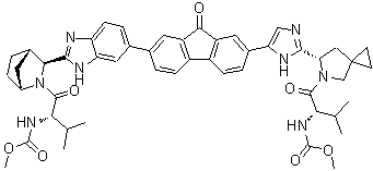 CAS # 2040487-43-0, N-[(1S)-1-[[(6S)-6-[5-[7-[2-[(1R,3S,4S)-2-[(2S)-2-[(Methoxycarbonyl)amino]-3-methyl-1-oxobutyl]-2-azabicyclo[2.2.1]hept-3-yl]-1H-benzimidazol-6-yl]-9-oxo-9H-fluoren-2-yl]-1H-imidazol-2-yl]-5-azaspiro[2.4]hept-5-yl]carbonyl]-2-methylpropyl]carbamic acid methyl ester
