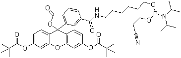 CAS # 204697-37-0, 5'-Fluorescein phosphoramidite, 6-FAM phosphoramidite, (3',6'-Dipivaloylfluoresceinyl)-6-carboxamidohexyl)-1-O-(2-cyanoethyl)-(N,N-diisopropyl)phorphoramidite