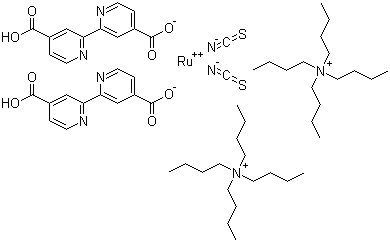 Di-tetrabutylammonium cis-bis(isothiocyanato)bis(2,2'-bipyridyl-4,4'-dicarboxylato)ruthenium(II) molecular structure (CAS 207347-46-4)