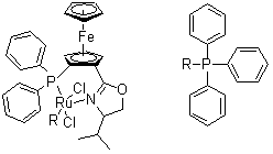 structure of CAS# 212133-11-4, (-)-Dichloro[(4S)-4-(i-propyl)-2-[(S)-2-(diphenylphosphino)ferrocenyl]oxazoline](triphenylphosphine)ruthenium(II)