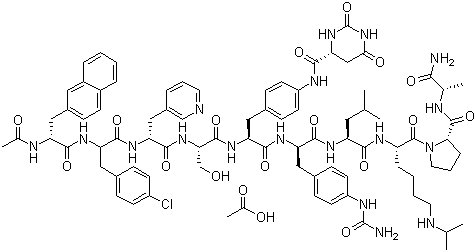 CAS # 214766-78-6, Degarelix acetate, N-Acetyl-3-(2-naphthyl)-D-alanyl-4-chloro-D-phenylalanyl-3-(3-pyridyl)-D-alanyl-L-seryl-4-[2,6-dioxohexahydropyrimidin-4(S)-ylcarboxamido]-L-phenylalanyl-4-ureido-D-phenylalanyl-L-leucyl-N6-isopropyl-L-lysyl-L-prolyl-D-alaninamide acetate