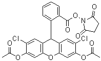 CAS # 216964-01-1, 2',7'-Dichlorodihydrofluorescein diacetate succinimidyl ester, 1-[[2-[3,6-Bis(acetyloxy)-2,7-dichloro-9H-xanthen-9-yl]benzoyl]oxy]-2,5-pyrrolidinedione, OxyBURST Green H 2DCFDA-SE