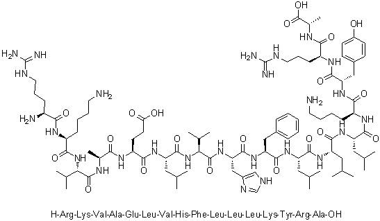 L-Arginyl-L-lysyl-L-valyl-L-alanyl-L-alpha-glutamyl-L-leucyl-L-valyl-L-histidyl-L-phenylalanyl-L-leucyl-L-leucyl-L-leucyl-L-lysyl-L-tyrosyl-L-arginyl-L-alanine molecular structure (CAS 221306-20-3)