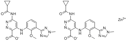 Zinc(II) 6-(cyclopropanecarboxamido)-4-((2-methoxy-3-(1-methyl-1H-1,2,4-triazol-3-yl)phenyl)amino)pyridazine-3-carboxylate molecular structure (CAS 2245111-19-5)