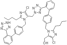 CAS 登录号：230971-72-9, 2-丁基-1-[[2'-[2-[[2-丁基-4-氯-1-[[2'-(2H-四唑-5-基)[1,1'-联苯]-4-基]甲基]-1H-咪唑-5-基]甲基]-2H-四唑-5-基][1,1'-联苯]-4-基]甲基]-4-氯-1H-咪唑-5-甲醇