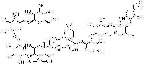 CAS # 237068-41-6, Platycoside E, (2beta,3beta,16alpha)-3-[(O-beta-D-Glucopyranosyl-(1→6)-O-beta-D-glucopyranosyl-(1→6)-beta-D-glucopyranosyl)oxy]-2,16,23,24-tetrahydroxy-olean-12-en-28-oic acid O-D-apio-beta-D-furanosyl-(1→3)-O-beta-D-xylopyranosyl-(1→4)-O-6-deoxy-alpha-L-mannopyranosyl-(1→2)-alpha-L-arabinopyranosyl ester