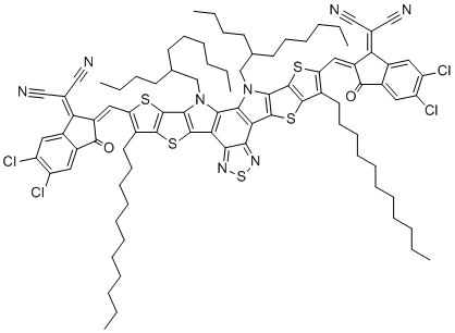 CAS # 2414918-25-3, 2,2'-(((12,13-Bis(2-butyloctyl)-3,9-diundecyl-12,13-dihydro-[1,2,5]thiadiazolo[3,4-e]thieno[2'',3'':4',5']thieno[2',3':4,5]pyrrolo[3,2-g]thieno[2',3':4,5]thieno[3,2-b]indole-2,10-diyl)bis(methaneylylidene))bis(5,6-dichloro-3-oxo-2,3-dihydro-1H-indene-2,1-diylidene))dimalononitrile, 2-[(2Z)-2-[[3,27-bis(2-butyloctyl)-23-[(Z)-[5,6-dichloro-1-(dicyanomethylidene)-3-oxoinden-2-ylidene]methyl]-8,22-di(undecyl)-6,10,15,20,24-pentathia-3,14,16,27-tetrazaoctacyclo[16.9.0.02,12.04,11.05,9.013,17.019,26.021,25]heptacosa-1(18),2(12),4(11),5(9),7,13,16,19(26),21(25),22-decaen-7-yl]methylidene]-5,6-dichloro-3-oxoinden-1-ylidene]propanedinitrile