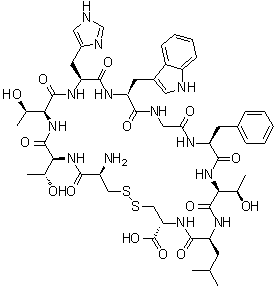 L-半胱氨酰-L-苏氨酰-L-苏氨酰-L-组氨酰-L-色氨酰甘氨酰-L-苯丙氨酰-L-苏氨酰-L-亮氨酰-L-半胱氨酸环(1→10)-二硫醚分子结构 (CAS 244082-19-7)