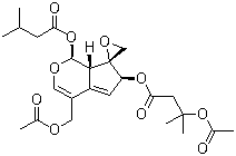 CAS # 25161-41-5, Acevaltrate, (Acetyloxy)valepotriate, Acetovaltrate, Acetoxyvaltrate, Acevaltratum, 3-(Acetyloxy)-3-methylbutanoic acid (1S,2'R,6S,7aS)-4-[(acetyloxy)methyl]-6,7a-dihydro-1-(3-methyl-1-oxobutoxy)spiro[cyclopenta[c]pyran-7(1H),2'-oxiran]-6-yl ester
