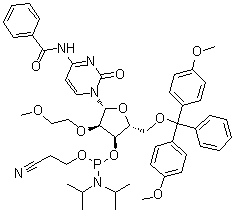 N-Benzoyl-5'-O-[bis(4-methoxyphenyl)phenylmethyl]-2'-O-(2-methoxyethyl)cytidine 3'-[2-cyanoethyl bis(1-methylethyl)phosphoramidite] molecular structure (CAS 251647-54-8)