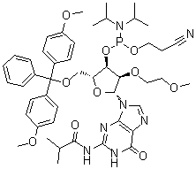 structure of CAS# 251647-55-9, 5'-O-[Bis(4-methoxyphenyl)phenylmethyl]-2'-O-(2-methoxyethyl)-N-(2-methyl-1-oxopropyl)guanosine 3'-[2-cyanoethyl bis(1-methylethyl)phosphoramidite]