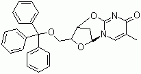 CAS # 25442-42-6, 5-O-Triphenylmethyl-2-deoxy-2,3-didehyrothymidine, 5'-O-Trityl-2,3'-anhydrothymidine, 2,3'-Anhydro-1-(2-deoxy-5-O-trityl-b-D-threo-pentofuranosyl)-thymine, 2,3-Dihydro-8-methyl-3-[(trityloxy)methyl]-2,5-methano-5H,9H-pyrimido[2,1-b][1,5,3]dioxazepin-9-one
