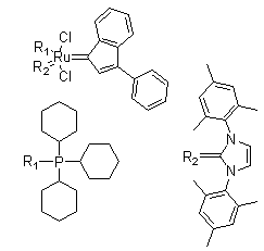 structure of CAS# 254972-49-1, Dichloro[1,3-dihydro-1,3-bis(2,4,6-trimethylphenyl)-2H-imidazol-2-ylidene](3-phenyl-1H-inden-1-ylidene)(tricyclohexylphosphine)ruthenium
