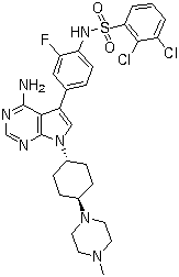 structure of CAS# 262442-90-0, trans-N-[4-[4-Amino-7-[4-(4-methylpiperazino)cyclohexyl]-7H-pyrrolo[2,3-d]pyrimidin-5-yl]-2-fluorophenyl]-2,3-dichlorobenzenesulfonamide