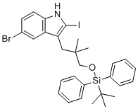 CAS # 2641451-43-4, 5-Bromo-3-(3-((tert-butyldiphenylsilyl)oxy)-2,2-dimethylpropyl)-2-iodo-1H-indole, [3-(5-bromo-2-iodo-1H-indol-3-yl)-2,2-dimethylpropoxy]-tert-butyl-diphenylsilane