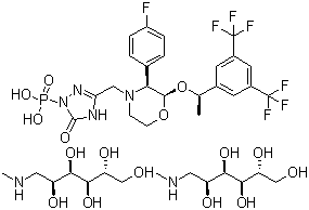 CAS # 265121-04-8, 1-Deoxy-1-(methylamino)-D-glucitol [3-[[(2R,3S)-2-[(1R)-1-[3,5-bis(trifluoromethyl)phenyl]ethoxy]-3-(4-fluorophenyl)-4-morpholinyl]methyl]-2,5-dihydro-5-oxo-1H-1,2,4-triazol-1-yl]phosphonate