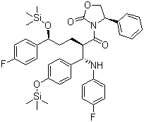 CAS # 272778-12-8, 3-[(2R,5S)-5-(4-Fluorophenyl)-2-[(S)-[(4-fluorophenyl(amino)]][4-[trimethylsilyl]-oxy]phenyl]methyl]-1-oxo-5-[(trimethylsily)-oxy]pentyl]-4-phenyl-(4S)-2-oxazolidinone, (4S)-3-[(2R,5S)-2-[(S)-(4-fluoroanilino)-(4-trimethylsilyloxyphenyl)methyl]-5-(4-fluorophenyl)-5-trimethylsilyloxypentanoyl]-4-phenyl-1,3-oxazolidin-2-one