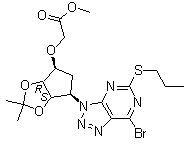CAS # 274693-24-2, 2-[[(3aR,4S,6R,6aS)-6-[7-Bromo-5-(propylthio)-3H-1,2,3-triazolo[4,5-d]pyrimidin-3-yl]tetrahydro-2,2-dimethyl-4H-cyclopenta-1,3-dioxol-4-yl]oxy]-acetic acid methyl ester