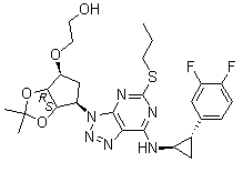 structure of CAS# 274693-26-4, 2-[[(3aS,4R,6S,6aR)-4-[7-[[(1R,2S)-2-(3,4-Difluorophenyl)cyclopropyl]amino]-5-(propylthio)-3H-[1,2,3]triazolo[4,5-d]pyrimidin-3-yl]-2,2-dimethyl-tetrahydro-3aH-cyclopenta[d][1,3]dioxol-6-yl]oxy]ethanol
