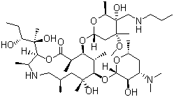 CAS # 280755-12-6, Tulathromycin B, (2R,3R,6R,8R,9R,10S,11S,12R)-11-[[2,6-Dideoxy-3-C-methyl-3-O-methyl-4-C-[(propylamino)methyl]-a-L-ribo-hexopyranosyl]oxy]-2-[(1R,2R)-1,2-dihydroxy-1-methylbutyl]-8-hydroxy-3,6,8,10,12-pentamethyl-9-[[3,4,6-trideoxy-3-(dimethylamino)-b-D-xylo-hexopyranosyl]oxy]-1-oxa-4-azacyclotridecan-13-one