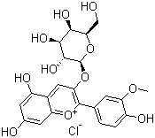 CAS # 28148-89-2, Peonidin 3-O-galactoside chloride, 3-(beta-D-Galactopyranosyloxy)-5,7-dihydroxy-2-(4-hydroxy-3-methoxyphenyl)-1-benzopyrylium chloride