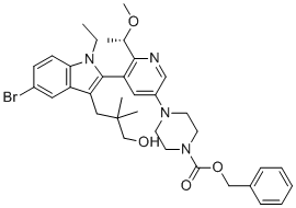 CAS 登录号：2865162-09-8, (S)-4-(5-(5-溴-1-乙基-3-(3-羟基-2,2-二甲基丙基)-1H-吲哚-2-基)-6-(1-甲氧基乙基)吡啶-3-基)哌嗪-1-甲酸苄酯