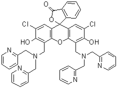 structure of CAS# 288574-78-7, 4',5'-双[[双(2-吡啶基甲基)氨基]甲基]-2',7'-二氯-3',6'-二羟基螺[异苯并呋喃-1(3H),9'-[9H]氧杂蒽]-3-酮