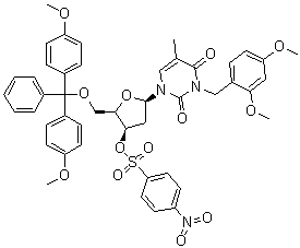 1-[5-O-[Bis(4-methoxyphenyl)phenylmethyl]-2-deoxy-3-O-[(4-nitrophenyl)sulfonyl]-beta-D-threo-pentofuranosyl]-3-[(2,4-dimethoxyphenyl)methyl]-5-methyl-2,4(1H,3H)-pyrimidinedione molecular structure (CAS 290371-75-4)