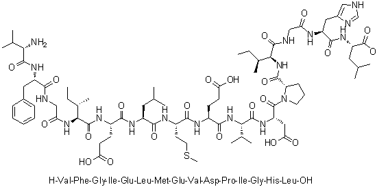 CAS # 290834-02-5, L-Valyl-L-phenylalanylglycyl-L-isoleucyl-L-alpha-glutamyl-L-leucyl-L-methionyl-L-alpha-glutamyl-L-valyl-L-alpha-aspartyl-L-prolyl-L-isoleucylglycyl-L-histidyl-L-leucine