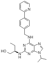 structure of CAS# 294646-77-8, (2R)-2-[[9-(1-Methylethyl)-6-[[[4-(2-pyridinyl)phenyl]methyl]amino]-9H-purin-2-yl]amino]-1-butanol